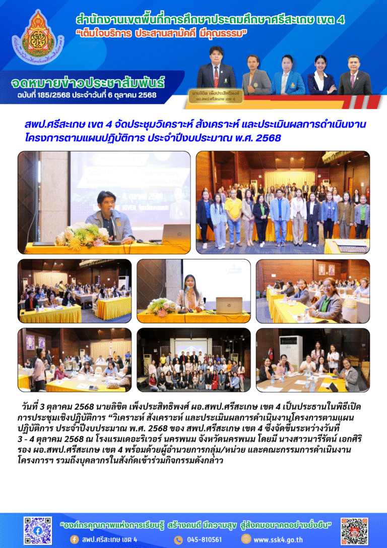สพป.ศรีสะเกษ เขต 4 จัดประชุมวิเคราะห์ สังเคราะห์ และประเมินผลการดำเนินงานโครงการตามแผนปฏิบัติการ ประจำปีงบประมาณ พ.ศ. 2568