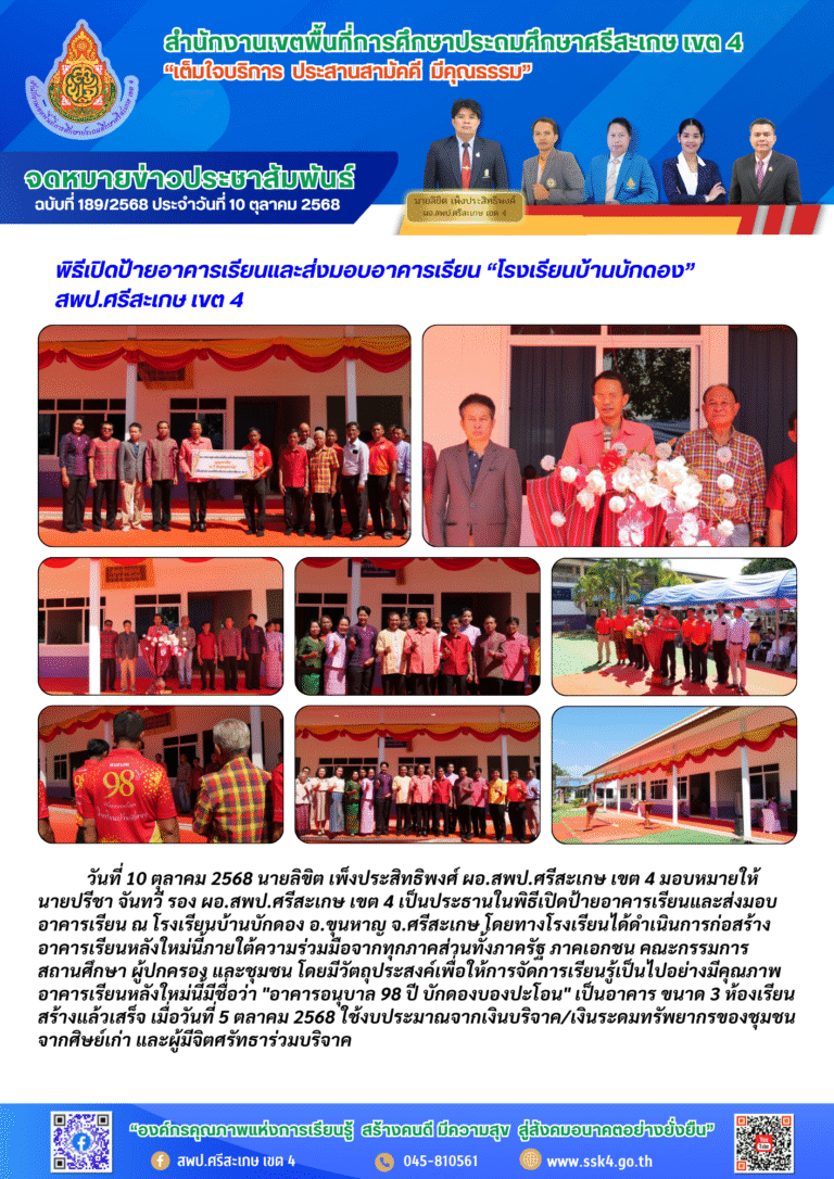 พิธีเปิดป้ายอาคารเรียนและส่งมอบอาคารเรียน “โรงเรียนบ้านบักดอง” สพป.ศรีสะเกษ เขต 4
